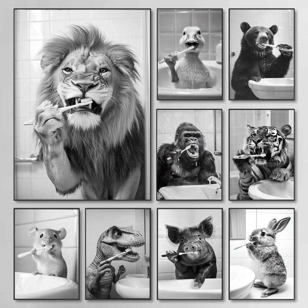 Photography Black And White - Black White Funny Bathroom Brushing Teeth